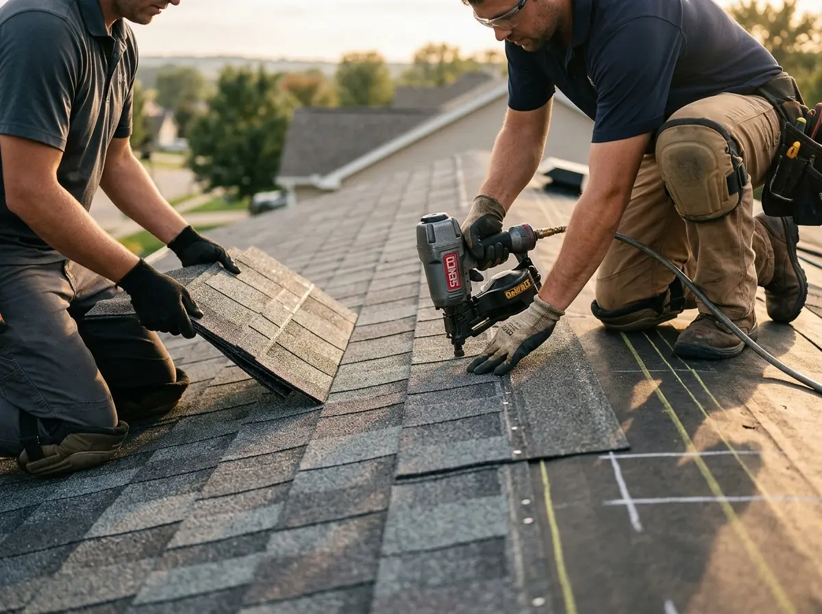 Professional roofer working on a residential roof in Saginaw